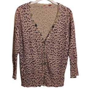 Charlotte Tarantola Pink Leopard Print Beaded Button Down Cardigan Size Medium